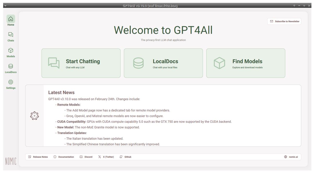 Der Startbildschirm von GPT4All